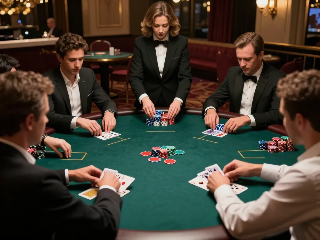 Players at an upscale poker game strategizing their bets at qh88go casino, showcasing high-stakes excitement.