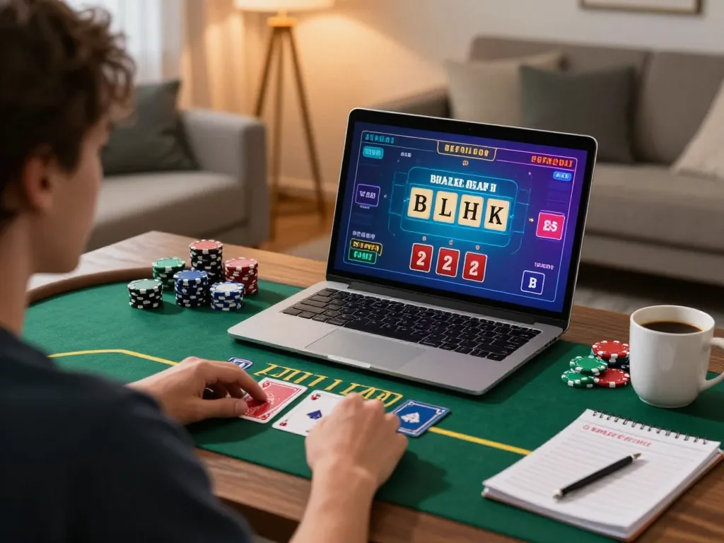 Player enjoying a live dealer blackjack game through sc88bn on a cozy home setup with strategy notes.