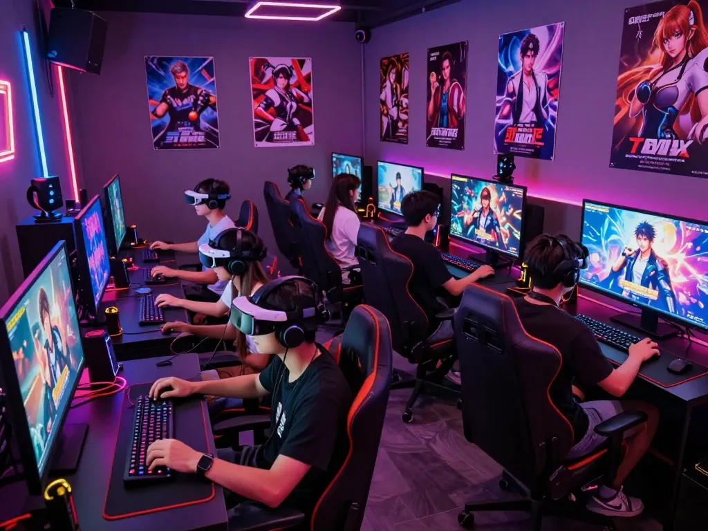 Engaged gamers enjoying various porn games in a vibrant lounge.
