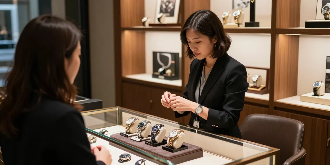 Showcase of replica watches in a luxury retail boutique, emphasizing elegance and customer engagement.