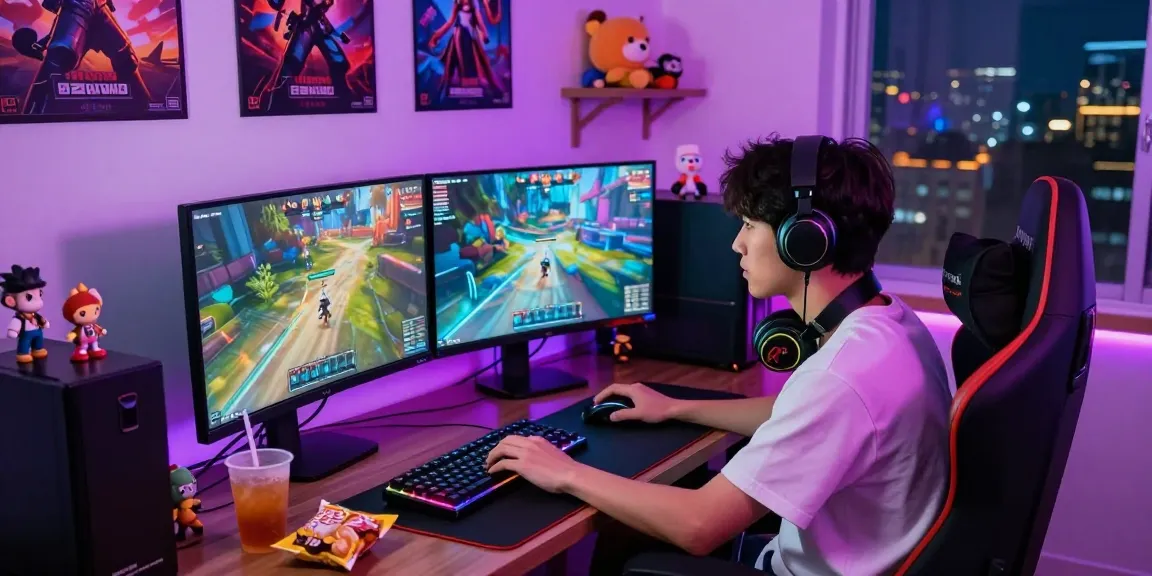 Gamer immersed in NSFW games with dual monitors displaying colorful gameplay in a vibrant setting.