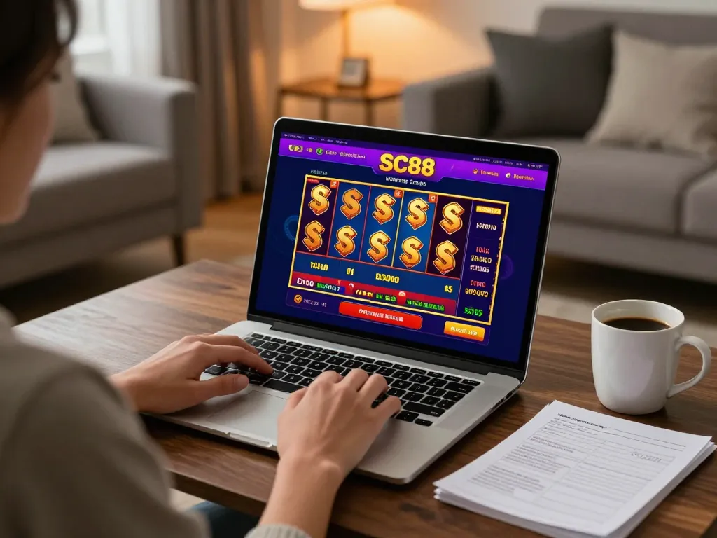 SC88 online casino interface on a laptop in a cozy home setting, emphasizing strategic gameplay and relaxation.
