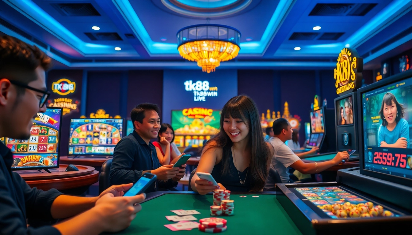 Engaged players enjoying gaming at tk88win.live casino, showcasing a vibrant online atmosphere.