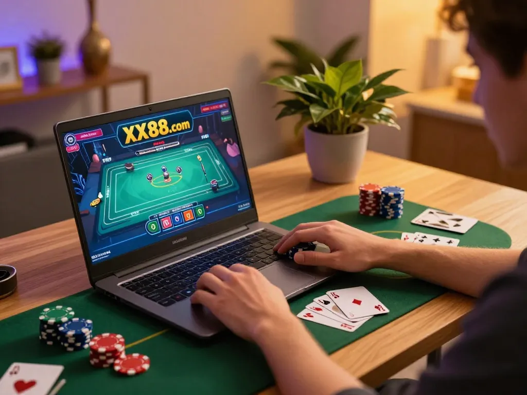 Engaging online gaming scene at home with XX88.com interface visible on laptop screen highlighting poker strategies