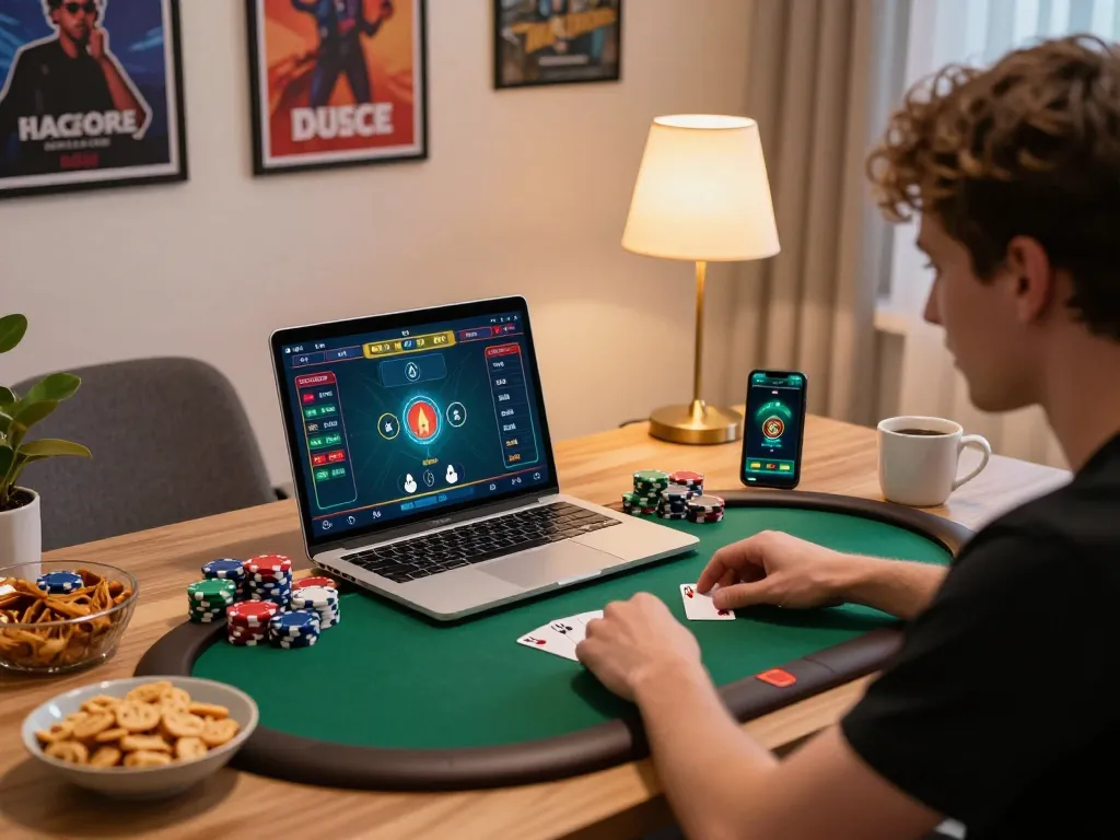 Player enjoying an online poker game on vipwin com in a cozy home, chips scattered around for an engaging experience.