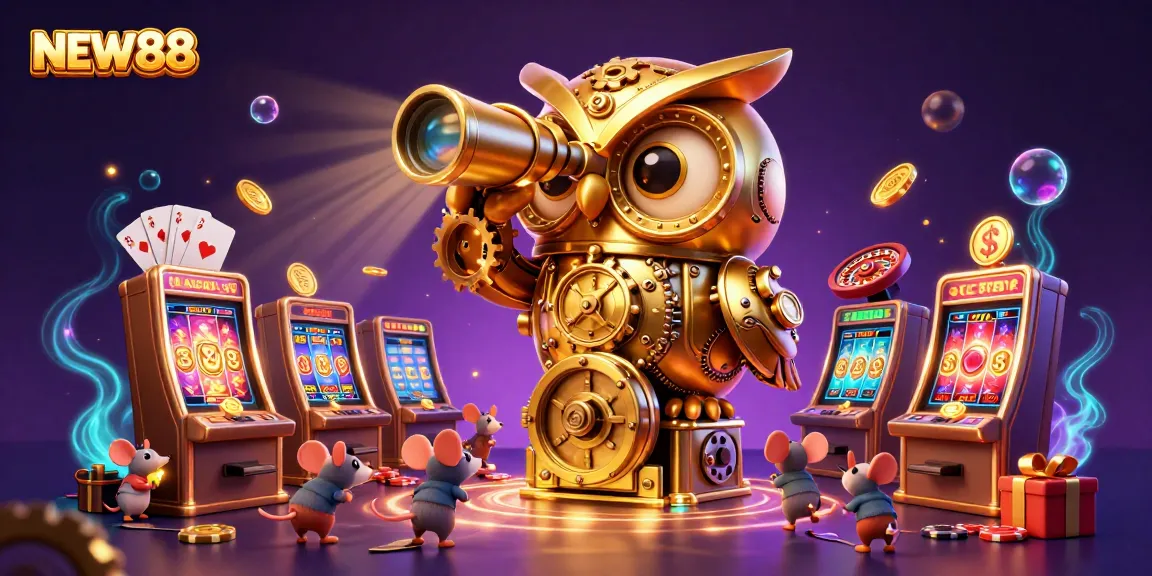 Spin slots and win with NEW88 featuring a whimsical casino scene full of adventure and excitement.