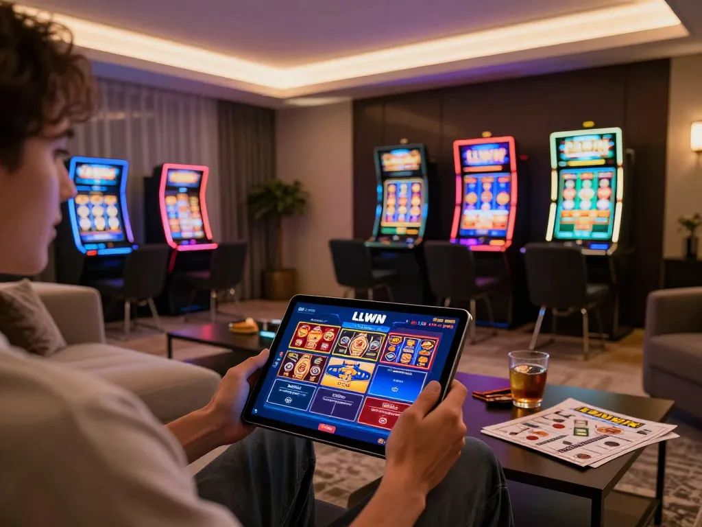 Engaging with LLWIN app on tablet in a cozy home gaming setting with slot machine graphics