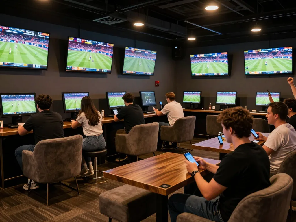 Tỷ Lệ Kèo displayed on multiple screens in a vibrant sports betting lounge