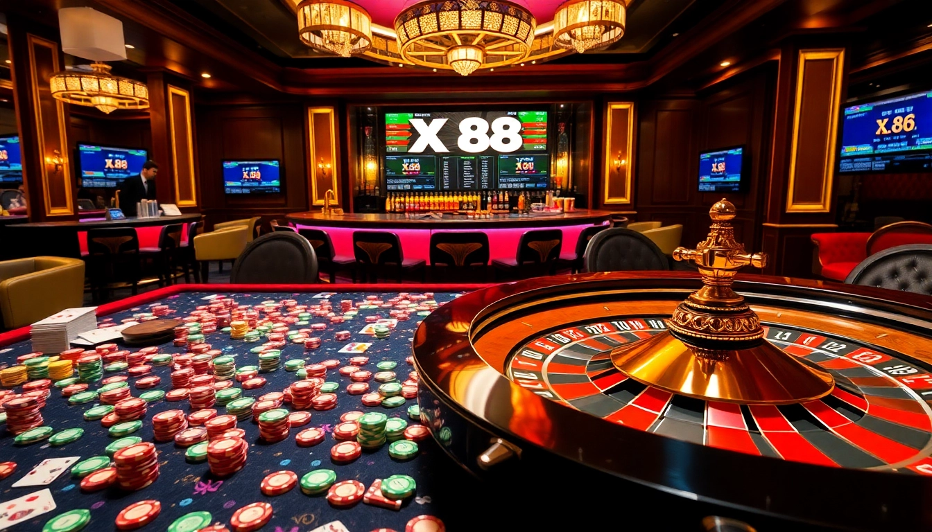 Excited players engage with a vibrant XX 88 gaming table filled with cards and chips.