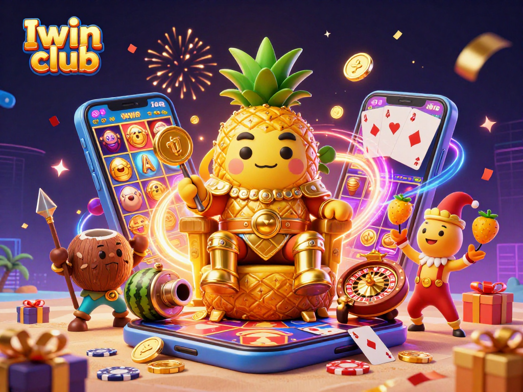 Iwin club presents a vibrant casino scene featuring a golden pineapple king with dynamic game elements.