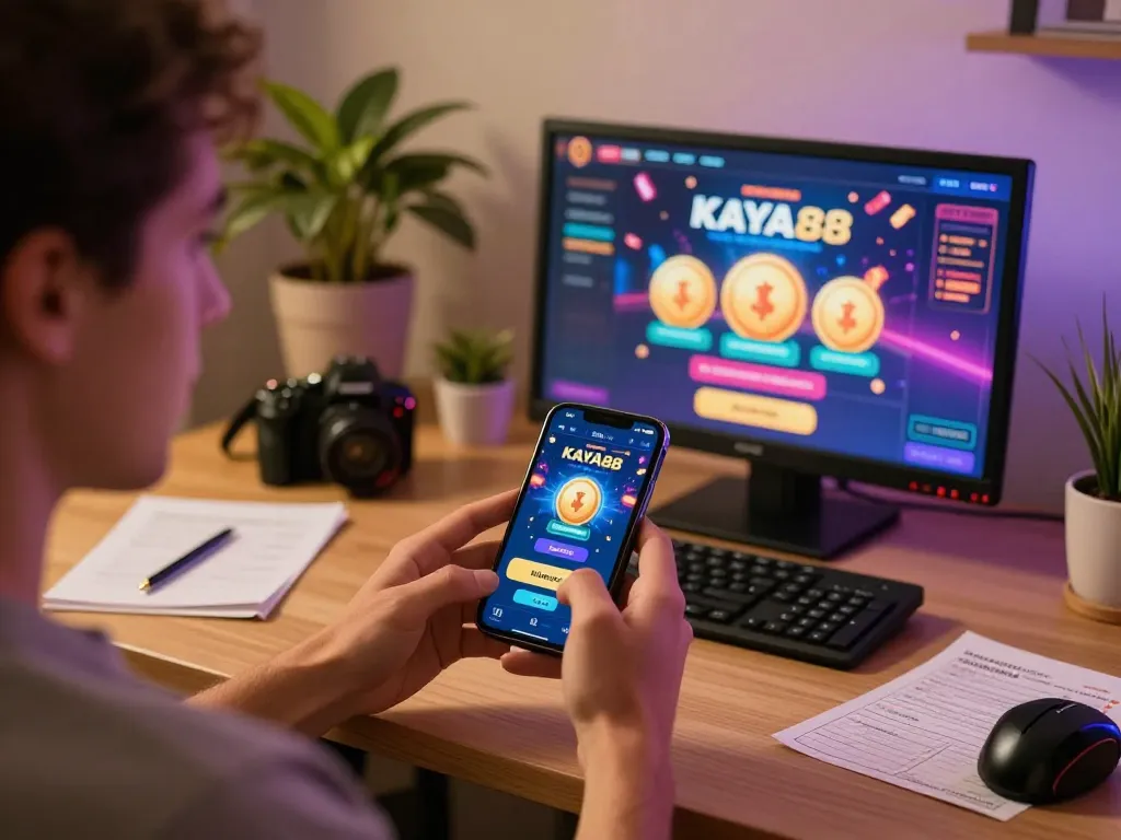 KAYA88 player engaging with bonus offers on mobile app showcasing an exciting online gaming experience.