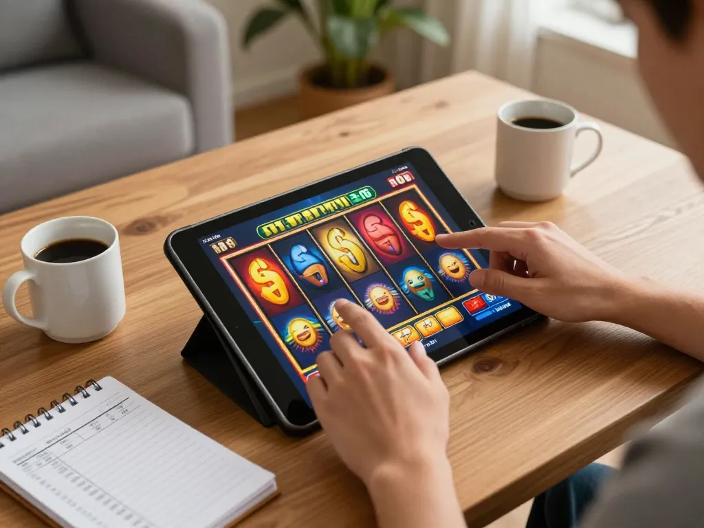 MAX88 player enjoying slot machines on a tablet in a cozy home setting.