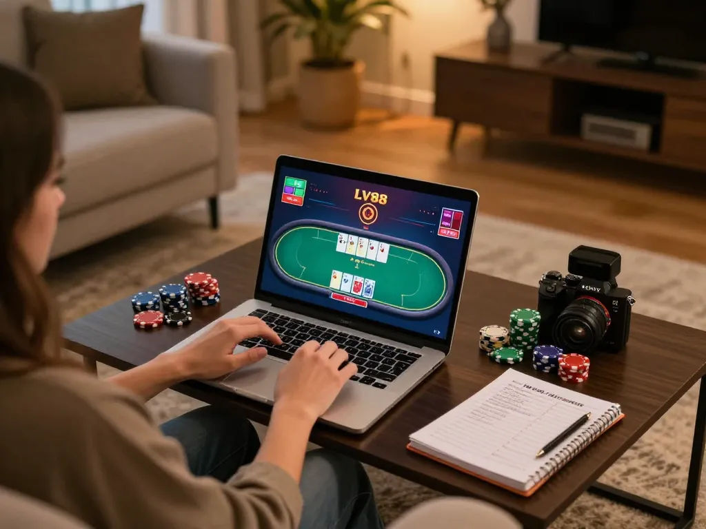 Player engaging with LV88 online poker on a laptop, showcasing a cozy home gaming scene.