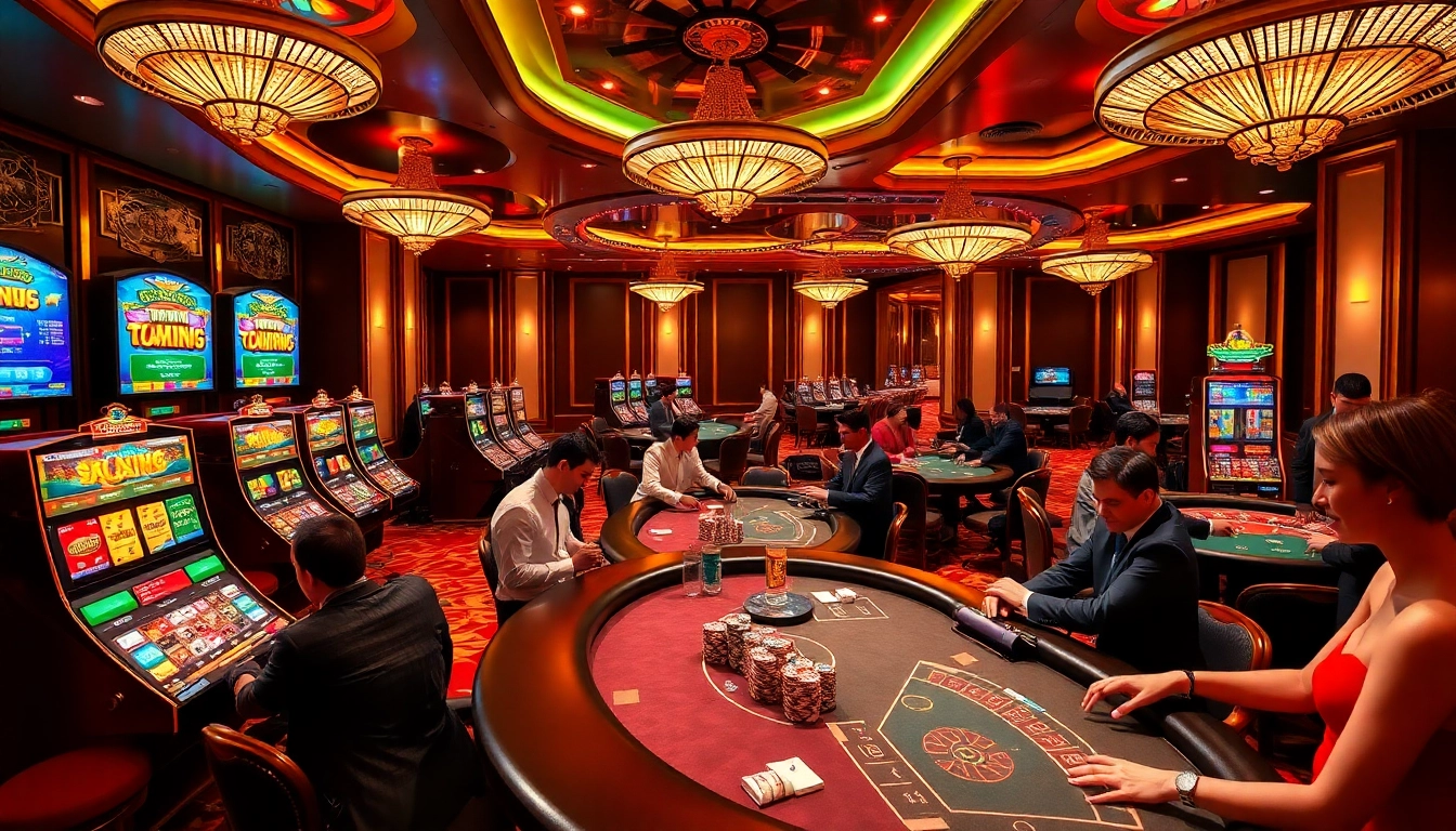 A vibrant casino scene with players engaged in poker, reflecting the luxury of tylenhacai7.com.