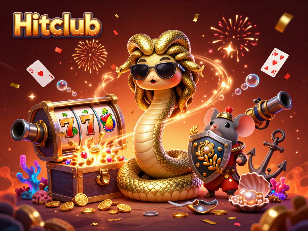 Experience the excitement of Hitclub with a vibrant 3D gaming scene featuring a friendly Medusa and casino elements.
