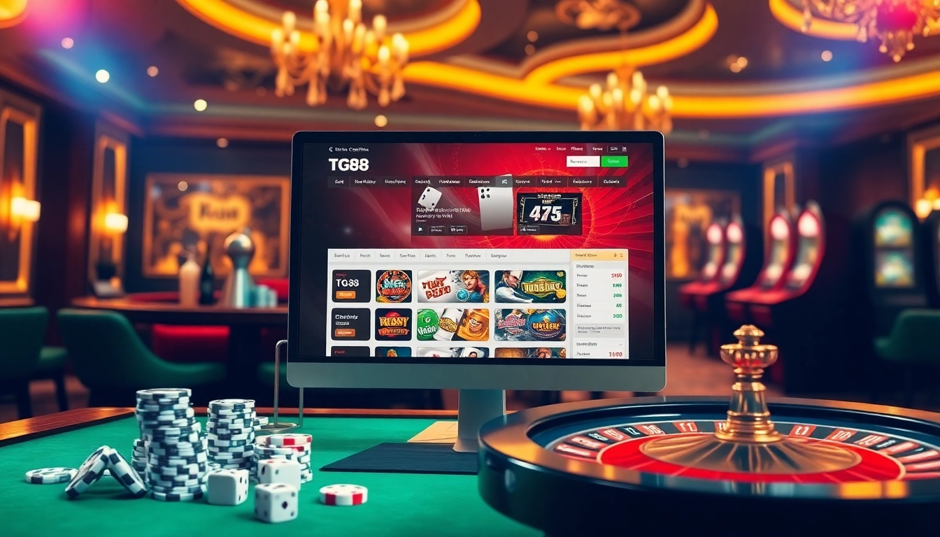 Experience excitement and winning opportunities with tg88 at an elegant casino scene featuring gambling elements.