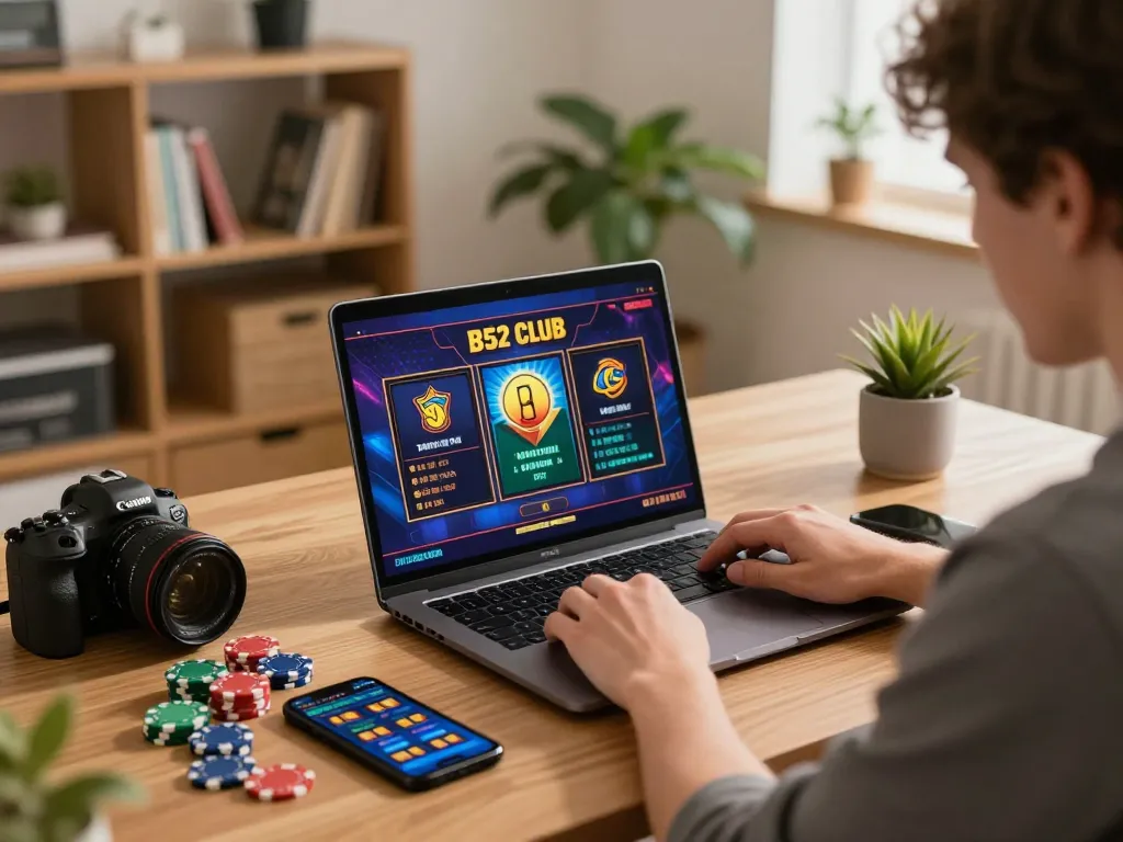 B52 club player engaging in online slot games from home, showcasing a dynamic gaming setup and comfortable atmosphere