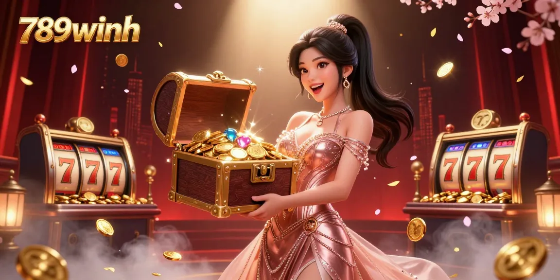 Experience the thrill of 789winh with vibrant slot reels and treasures in this stunning digital illustration.
