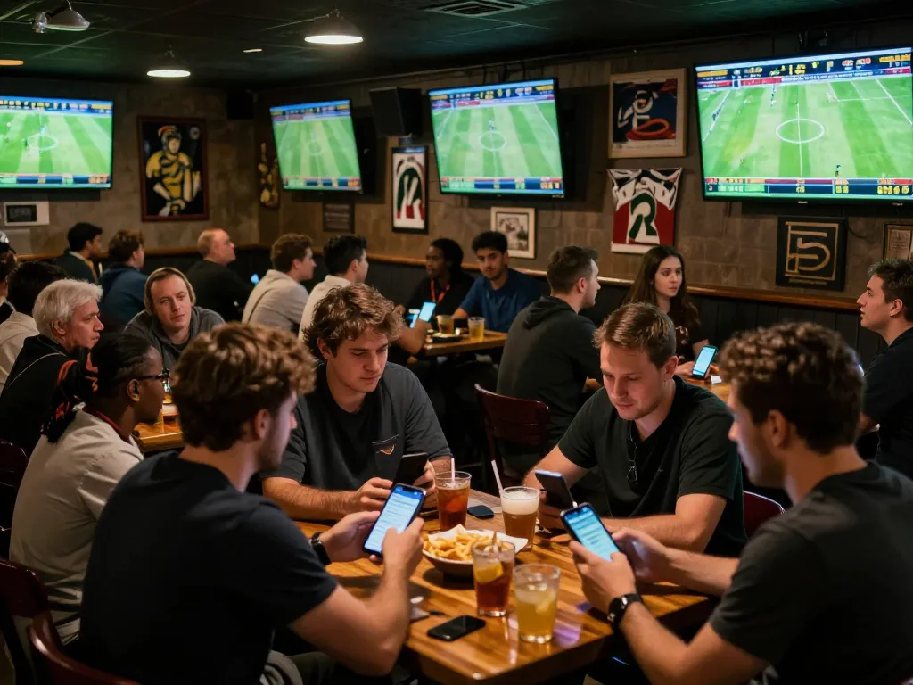 Patrons using 7mcn for sports betting at a lively venue with multiple screens showing football matches