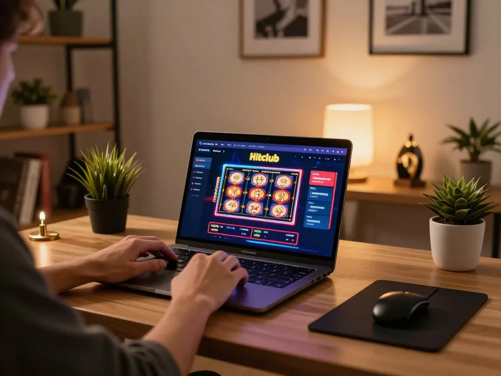 Engaging with Hitclub's online casino games on a stylish laptop setup at home.