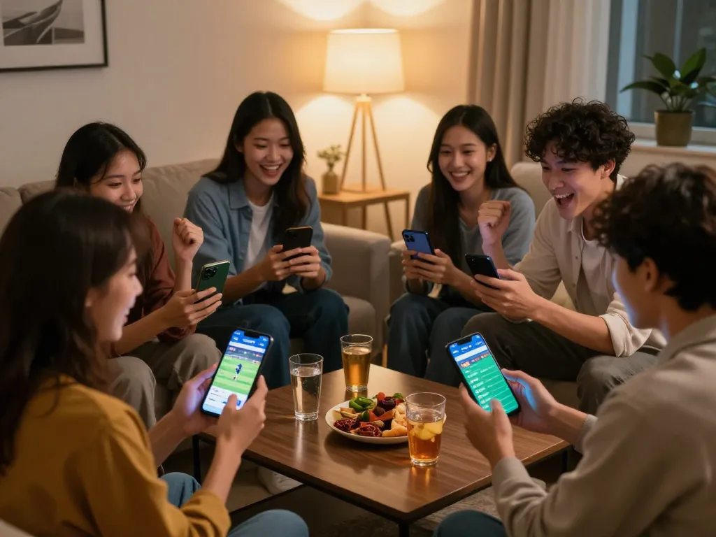 Friends celebrating a win using the 88CLUB sports betting app at home, showcasing excitement and winning moments.