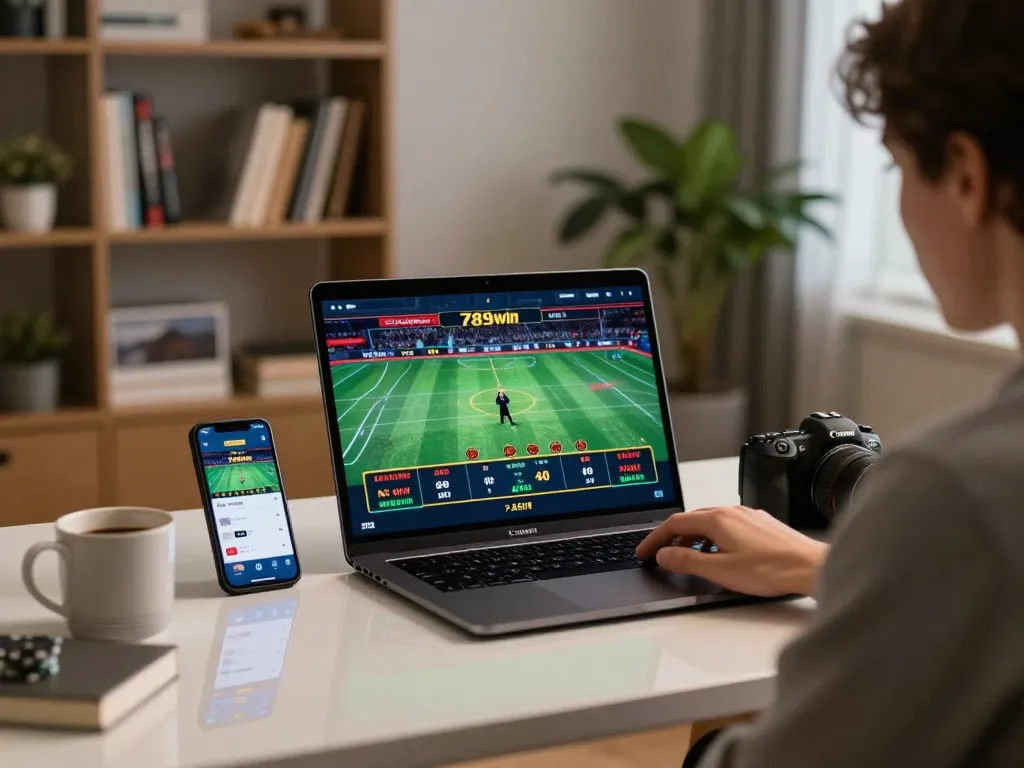 Person actively engaging with the 789win online casino platform on a laptop while enjoying a cozy home environment.