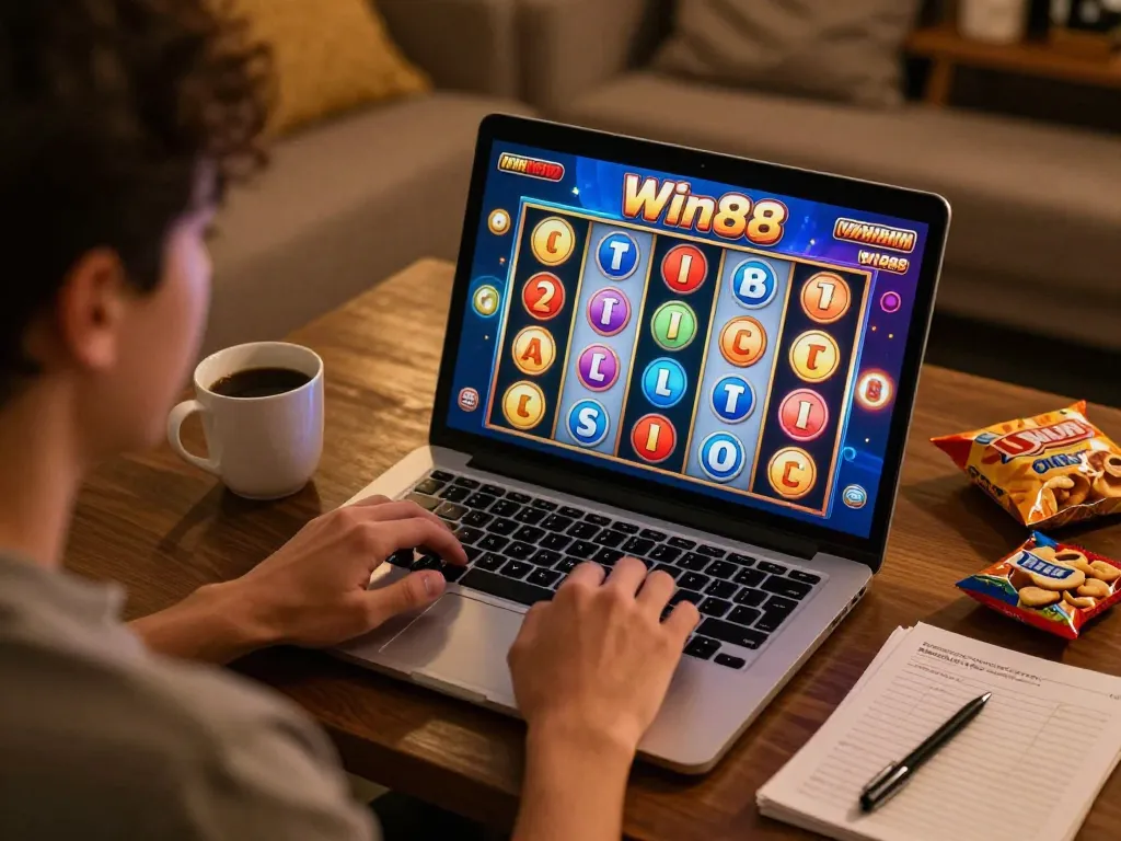 Win88 player celebrating a big win while gaming online, showcasing a vibrant casino atmosphere.