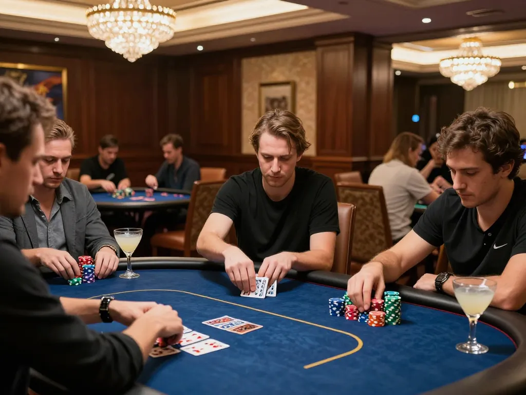 Intense poker game at 58win com's upscale casino, players strategize over cards and colorful chips.