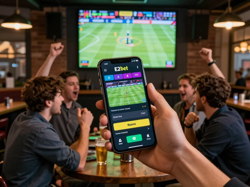 E2bet users engaging in live sports betting at a lively venue with friends, capturing the thrill of the moment.