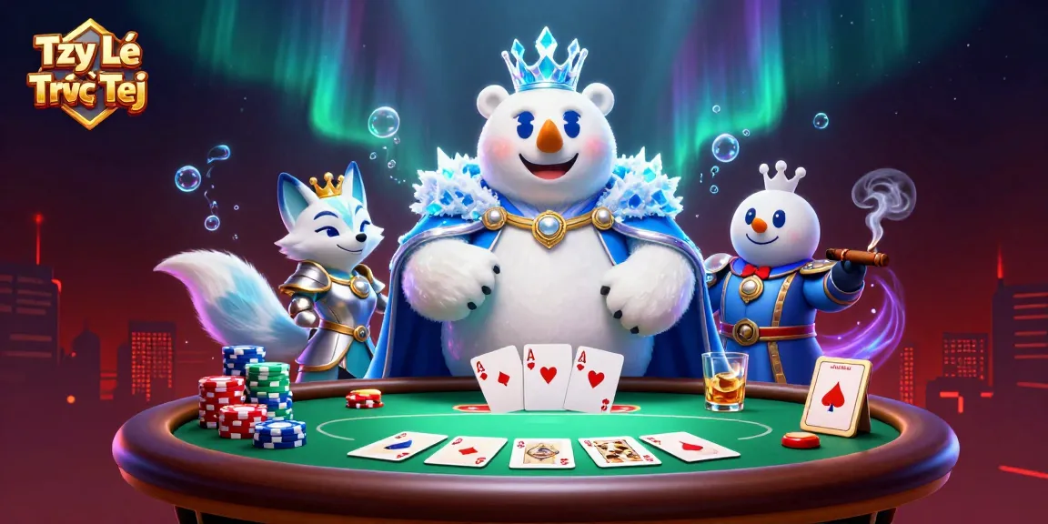 Engage in Tỷ Lệ Kèo Trực Tiếp with a stunning scene of a polar bear king and a fox at a poker table.