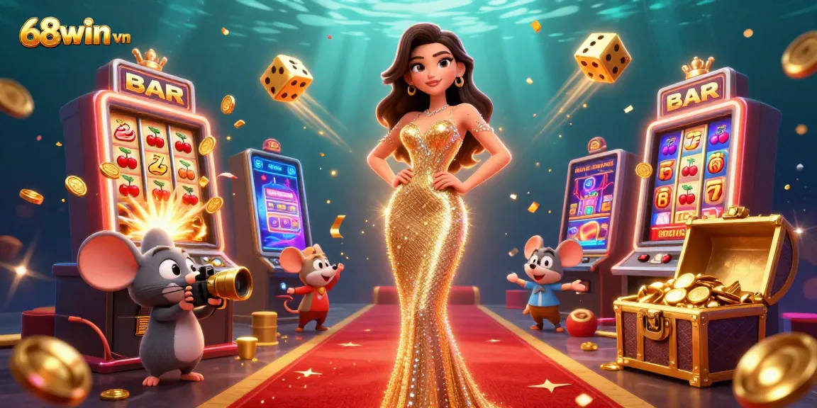 Capture the excitement at 68win vn with vibrant casino elements and a dazzling woman celebrating a jackpot.