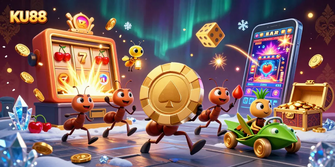 Engage in thrilling casino action with KU88 as ants haul a giant poker chip in this vibrant 3D illustration.