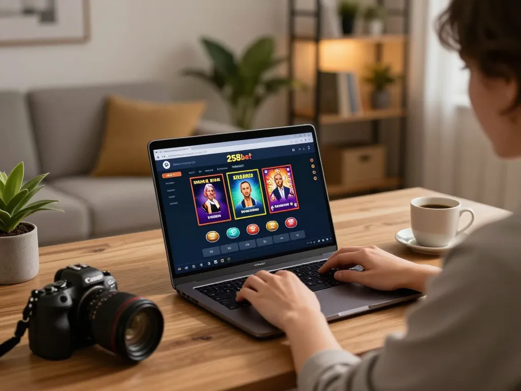 Engaged player using 258bet for online gambling at home with stylish decor and warm lighting