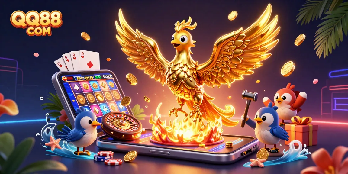 Experience the excitement of QQ88 COM with a vibrant 3D casino scene showcasing a golden phoenix and slot games.
