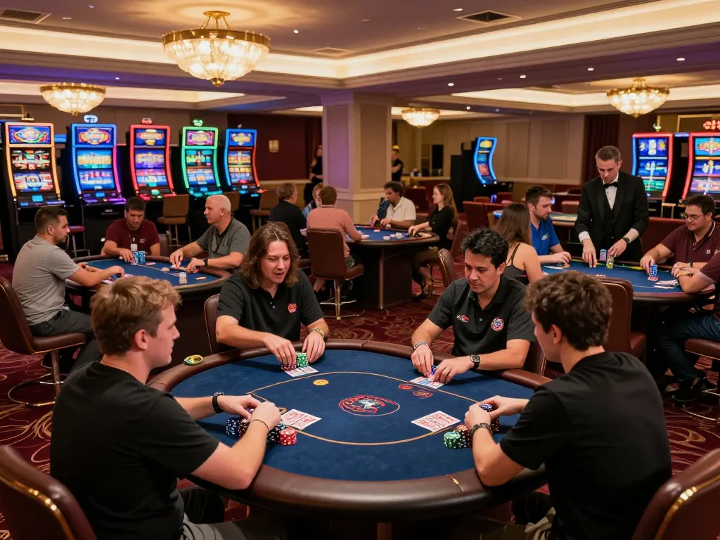 Players at pub88 engage in exciting poker gameplay, showcasing intense focus and casino atmosphere.