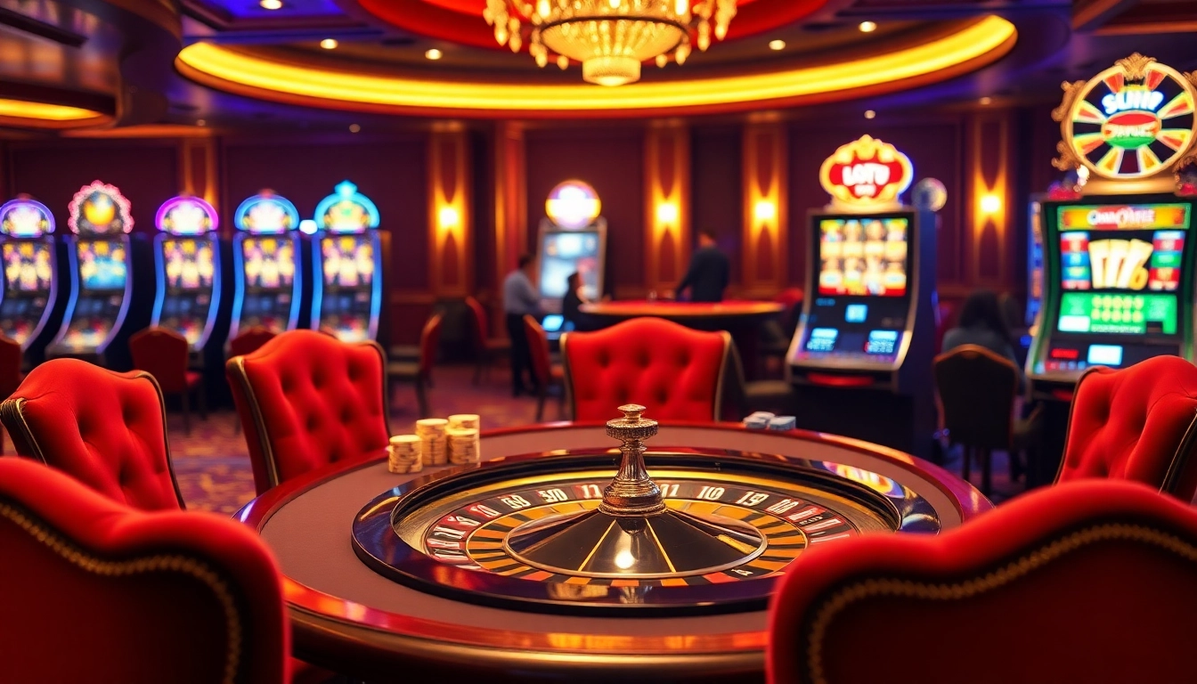 Exciting casino scene showcasing a vibrant table game atmosphere at https://fly88.wtf/ with poker chips and roulette wheel.