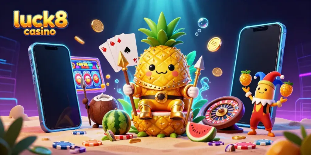 Experience the vibrant luck8 casino world with a lively scene featuring a golden pineapple king, gaming elements, and a colorful atmosphere.