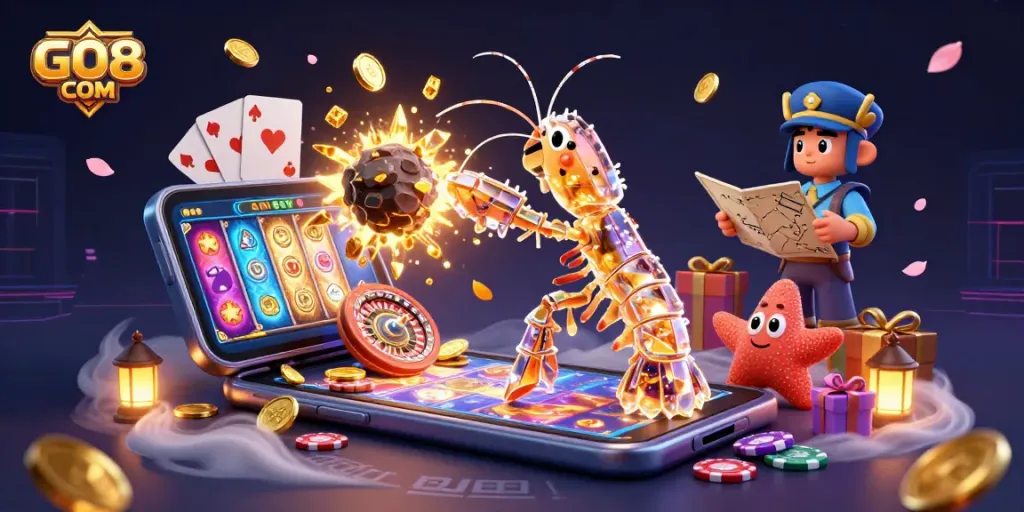 Engage in thrilling gaming at GO8 COM while enjoying a vibrant 3D casino fantasy scene.