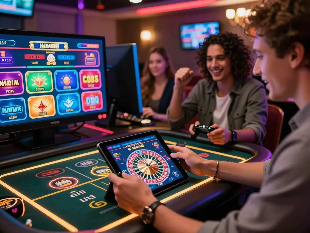HM88 online gambling scene with friends enjoying casino games on a digital platform