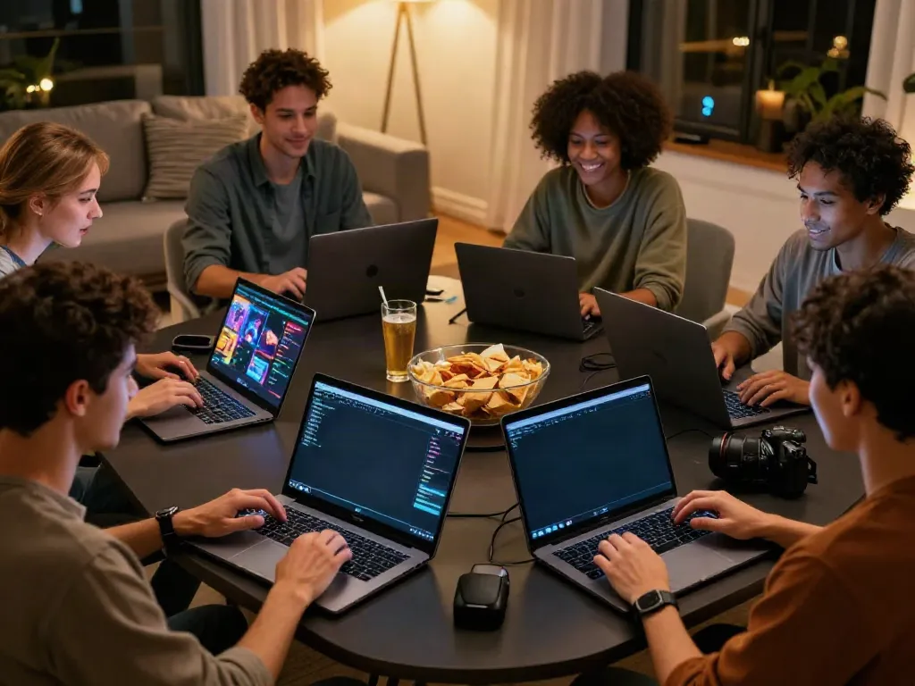 Exciting online gambling scene on trang chủ da88 with people enjoying various games on digital devices in a lively home atmosphere.