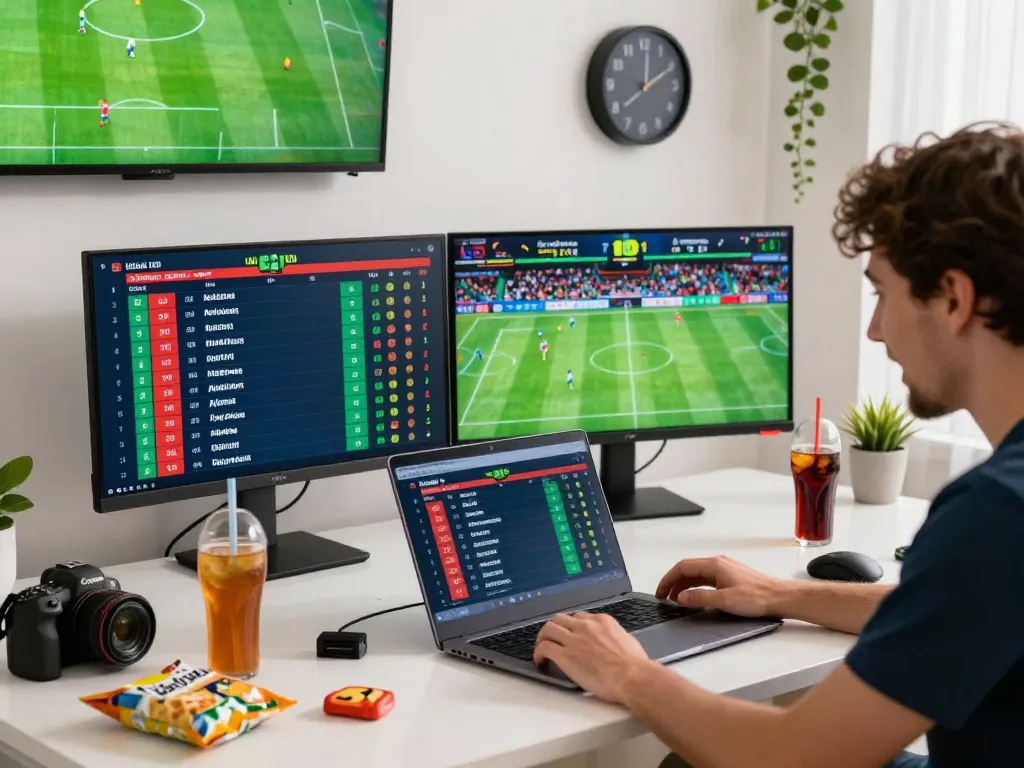 Engaged user analyzing tỷ lệ kèo trực tuyến on multiple screens in a dynamic sports betting environment.