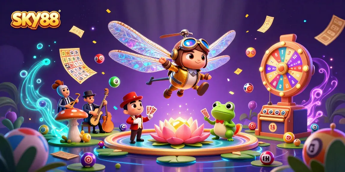 Experience the excitement of SKY88 with a vibrant 3D casino scene featuring dynamic gaming elements.