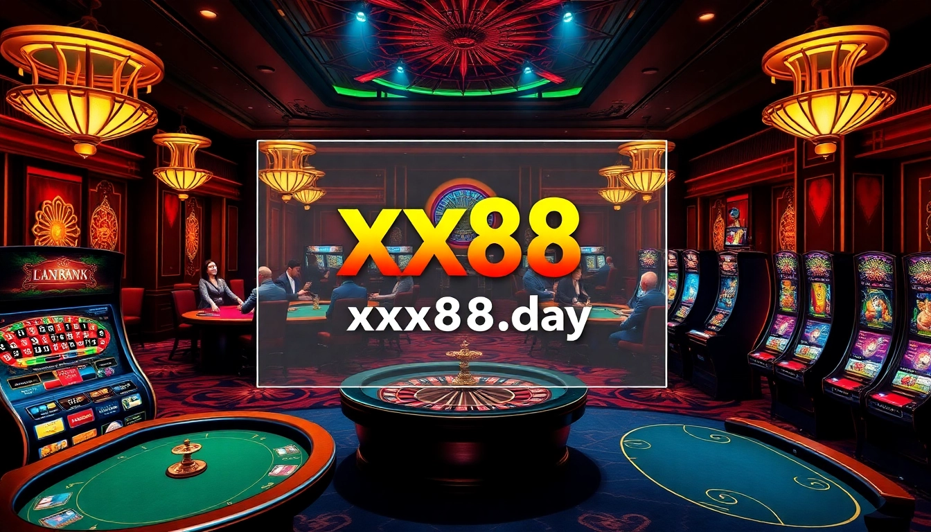 Experience the excitement of online gambling at https://xx88.day/ with luxurious casino visuals showing poker, roulette, and slots.