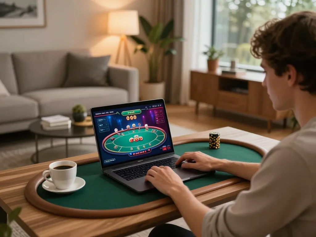 Engaging in online gaming with go8 at a stylish home poker setup, showcasing strategy and comfort