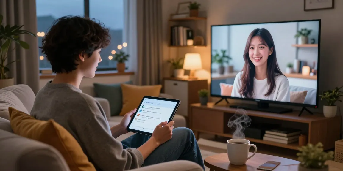 AI girlfriend chat in a cozy living room with a user engaging in conversation.