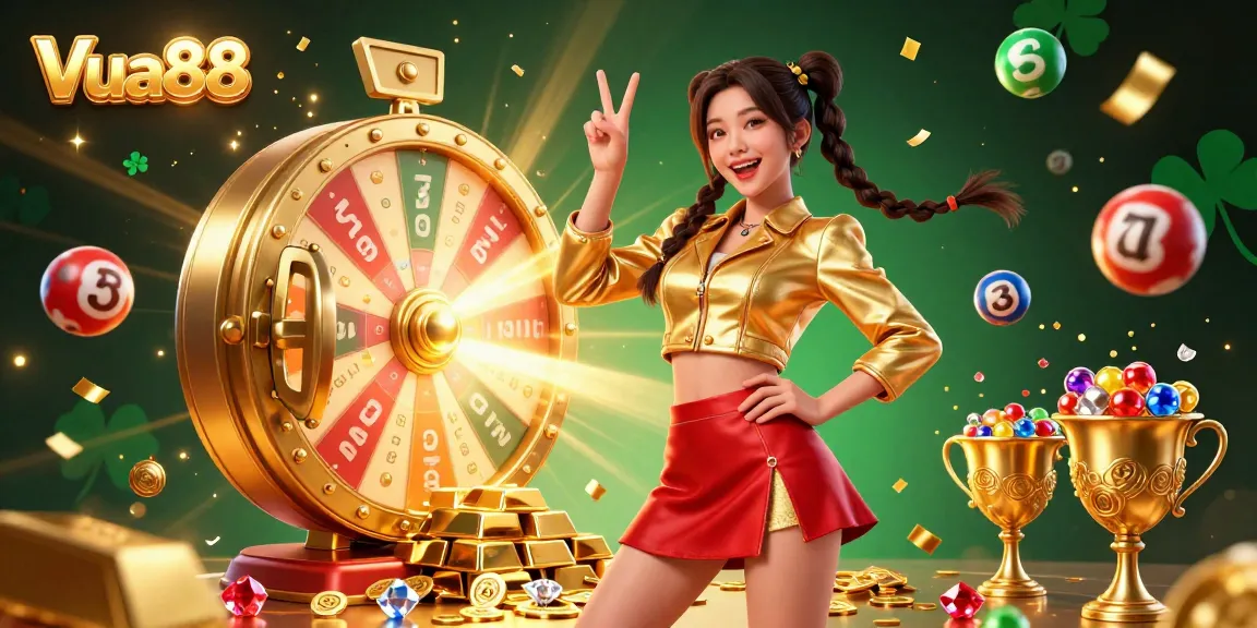 Engage with Vua88's vibrant casino scene featuring a joyful, stylish woman amidst colorful game elements.
