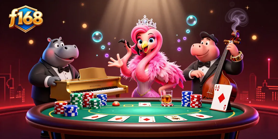 Join the excitement at f168 with a glamorous flamingo singer and jazz hippo bassist in a vibrant casino scene.