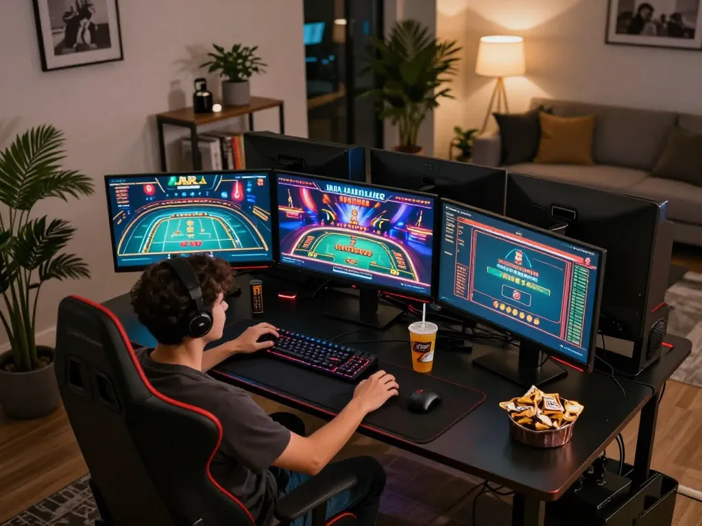 88vv user engaging in live dealer games on multiple screens, showcasing a modern gaming setup