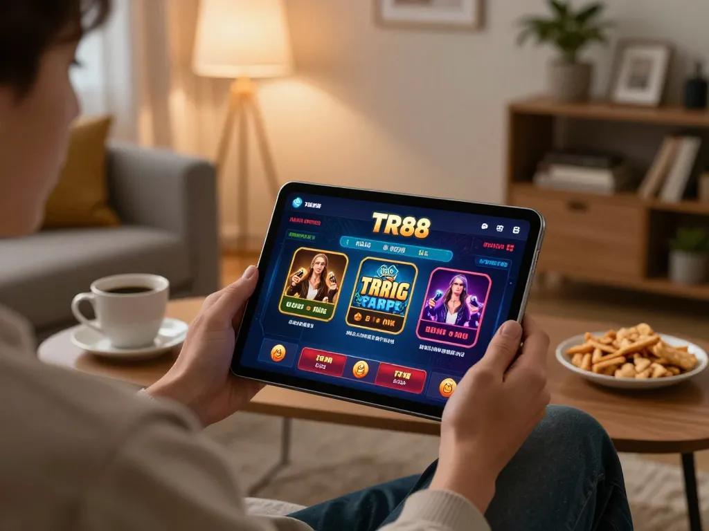 Engaged player using the TR88 trang chủ app on a tablet within a cozy living environment, showcasing an enjoyable and responsible gaming experience
