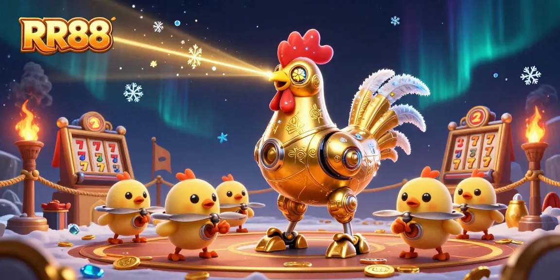 RR88 showcases an exciting gambling scene with golden rooster robot amid slot game elements, emphasizing win potential.